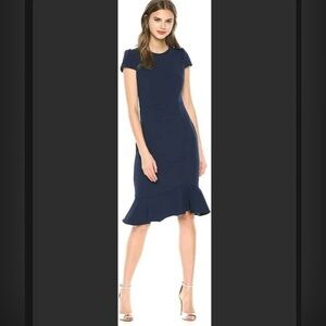 Betsey Johnson Women's Sz 6 Petite Stretch Crepe Dress Ruffled Hem Navy Classic